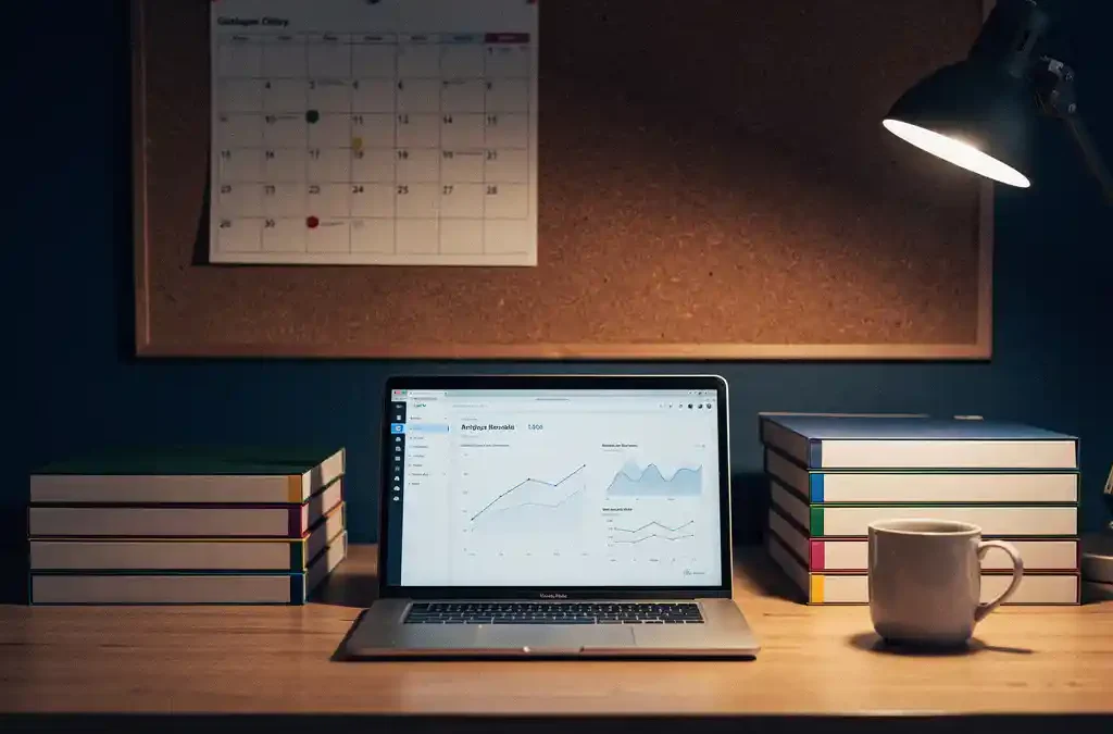 IT-beheerdersbureau met laptop met dashboard, softwarelicentie-mappen, koffiemok en kalender met deadlines op prikbord.