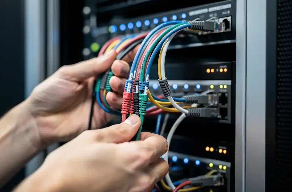Technicien organiseert gekleurde ethernet-kabels in serverrack, met knipperende statuslampjes op de achtergrond in modern datacenter.