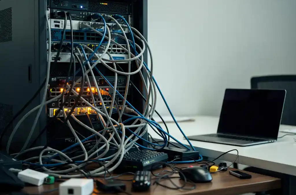 Wirwar van ethernetkabels en knipperende serverrackverlichting op een rommelig bureau, met een opgeruimde laptop op de voorgrond.