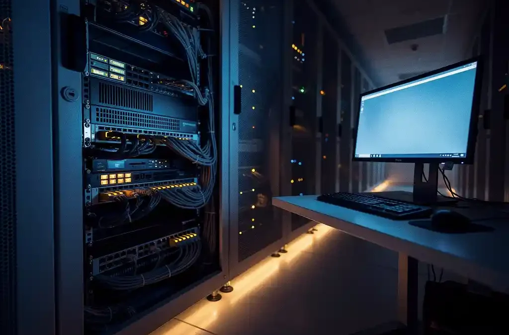 Verlicht serverrek in donkere datacentergang met blauwe monitorgloed, oranje waarschuwingsindicatoren en nette kabelmanagement.