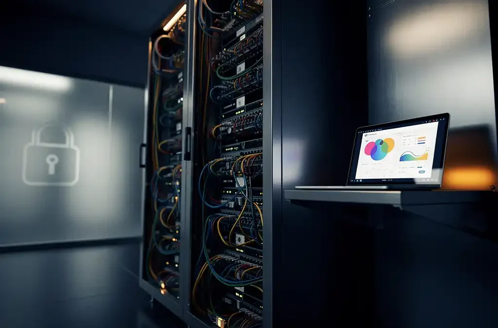 Serverrack met geordende kabels in donker datacenter, laptop met compliance-dashboard op stalen plank, matglazen paneel met hangslot.