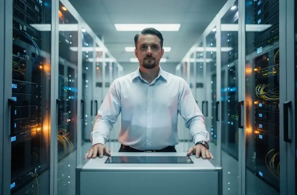Technicus bij onderhoudspaneel in modern datacenter met verlichte serverracks en staalblauwe en amberkleurige verlichting.