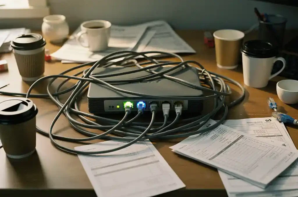 Verward cluster ethernetkabels en knipperende router op rommelig kantoorbureau met facturen en koffiebekers, geen IT-beheerder aanwezig.