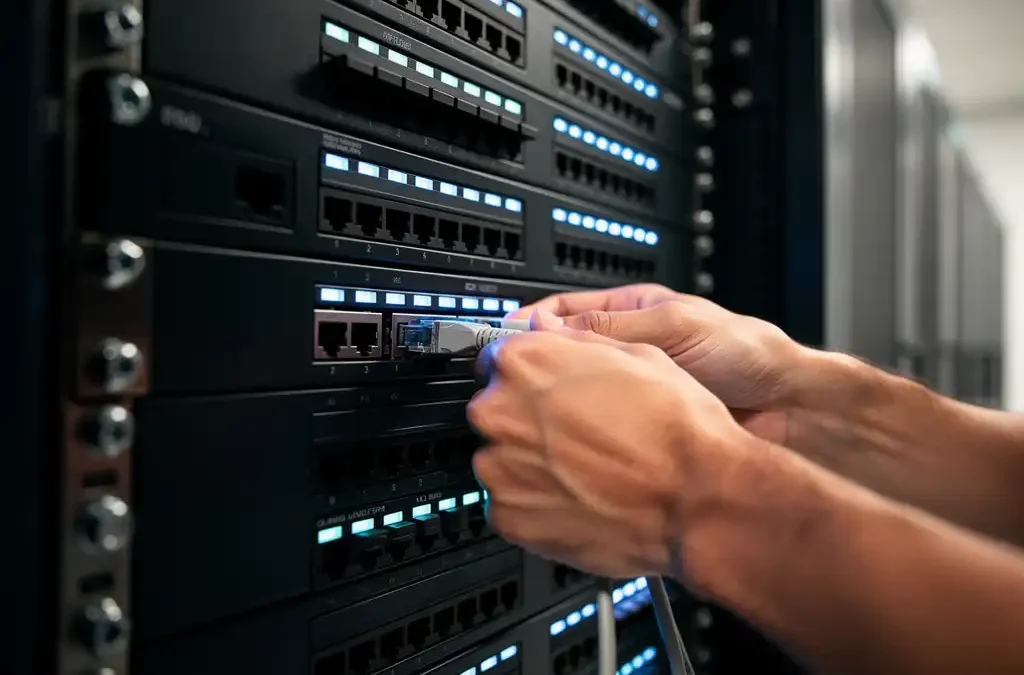 Technicus sluit een netwerkkabel aan op een serverrack in een datacenter, omgeven door blauwe ethernet-poorten en stalen apparatuur.