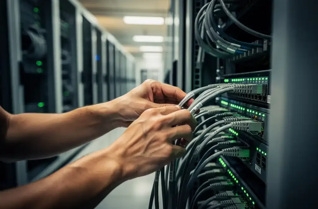 Netwerkbeheerder die kabels aansluit in een serverrack met groene statuslampjes in een georganiseerde datacentergang.
