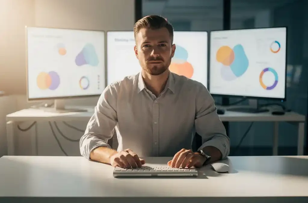 Professional aan modern bureau met meerdere monitoren met georganiseerde dashboards, draadloos toetsenbord en warme zijdelingse kantoorverlichting.