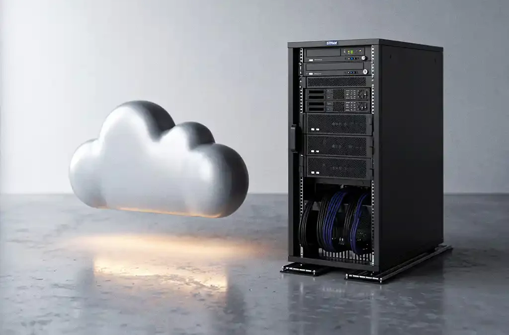 Traditioneel serverrack naast een wolkvormige sculptuur op betonvloer, symboliseert de overgang van on-premise naar cloudopslag.