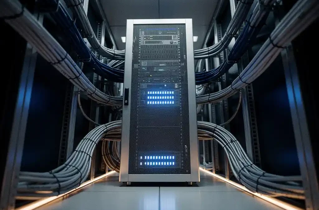 Serverrack in datacentergang met georganiseerde kabelbundels en een netwerkswitchpaneel dat blauw licht uitstraalt op metalen oppervlakken.