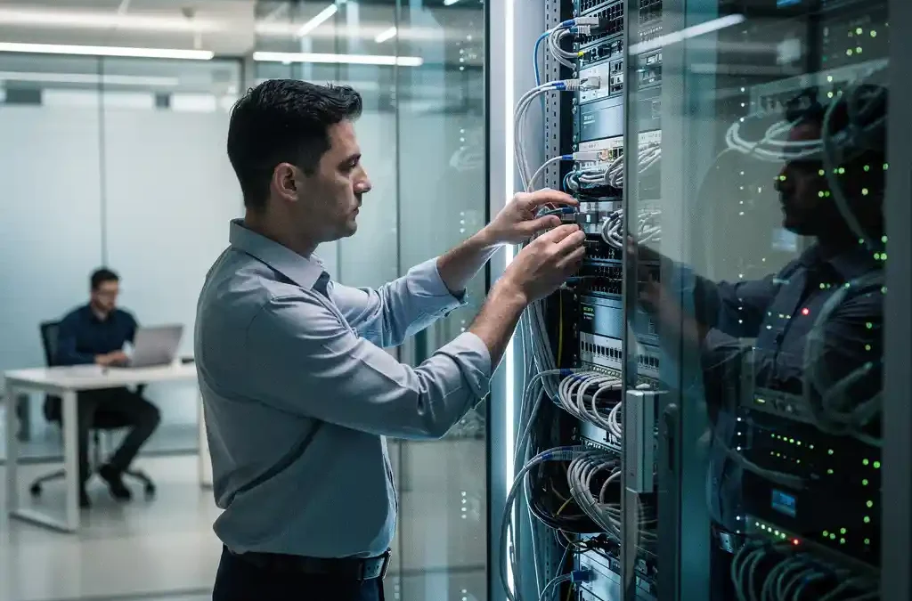 IT-technicus past kabels aan in serverrek terwijl externe specialist door glazen wand op laptop werkt in kantoorgang.