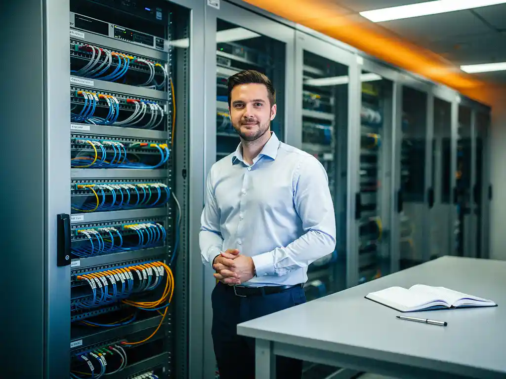 IT-professional in overhemd inspecteert gestructureerd serverrek in moderne serverruimte met notitieboek op bureau.