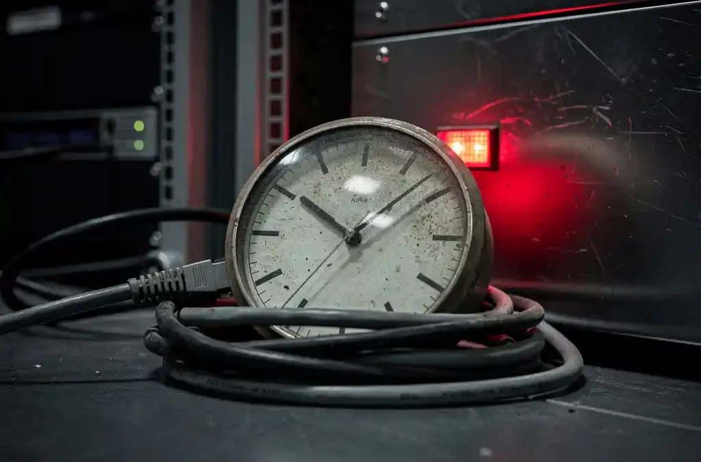 Stoffige analoge klok op de vloer van een serverruimte, omringd door kabels, badend in rood waarschuwingslicht tussen stalen serverracks.