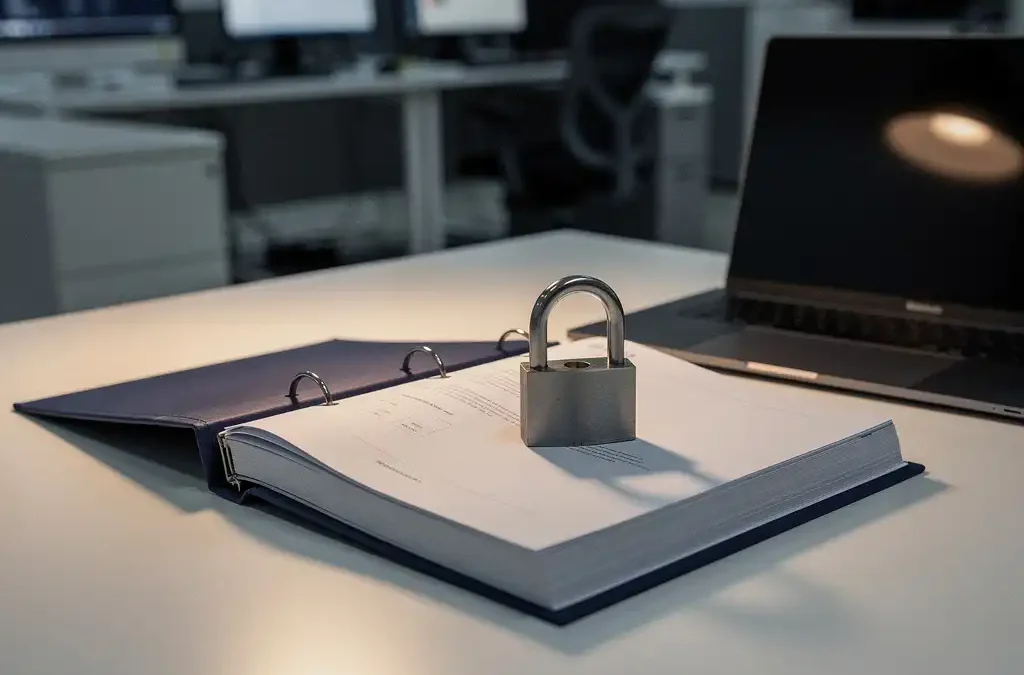Open beleidshandboek op kantoorbureau met laptop en hangslot, zachte bureaulamp verlicht documenten in IT-omgeving.