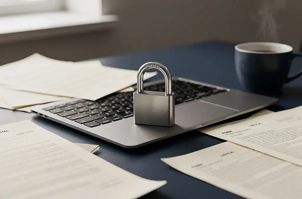 Zilveren hangslot op laptop toetsenbord omringd door officiële overheidsdocumenten op een klein kantoor bureau.