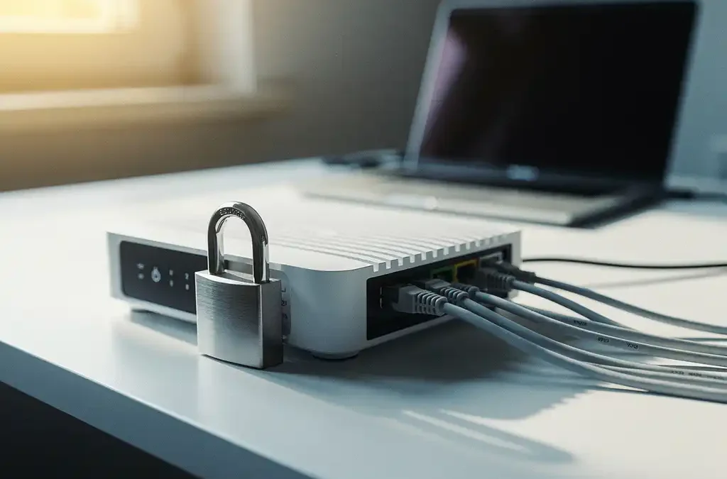 Thuisrouter met hangslot op wit bureau, georganiseerde ethernetkabels en laptop op de achtergrond in warm ochtendlicht.