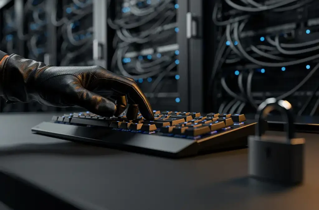 Gehandschoende hand op zwart toetsenbord in serverruimte, met slotje en knipperende rack-servers op de achtergrond.