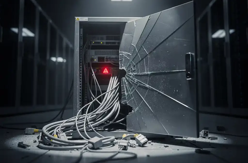 Opengebroken serverrack in donker datacenter met uitpuilende kabels en rood knipperend waarschuwingslicht.