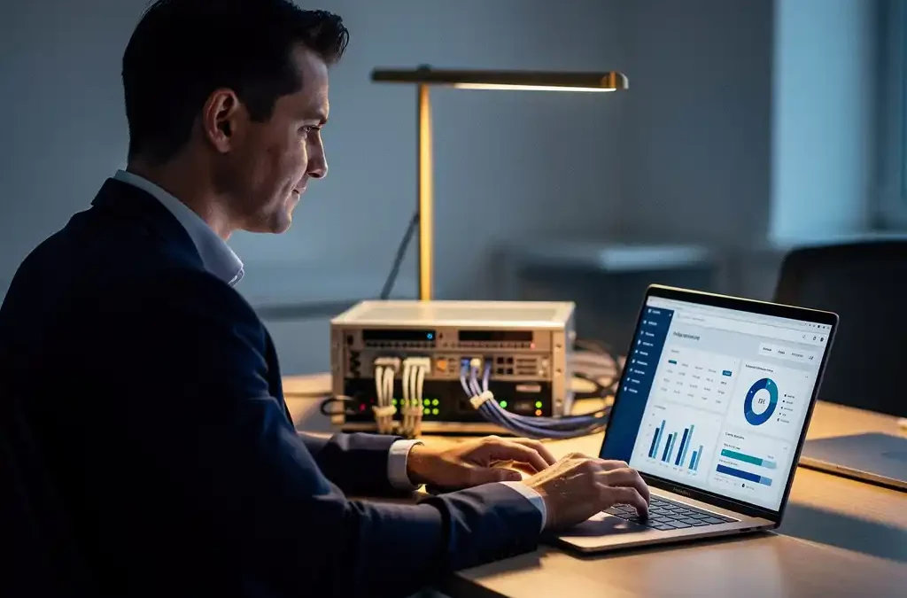 Zelfverzekerde executive bekijkt dashboardrapport op laptop aan modern bureau met serverrack en georganiseerde kabels, warm bureaulamplight.