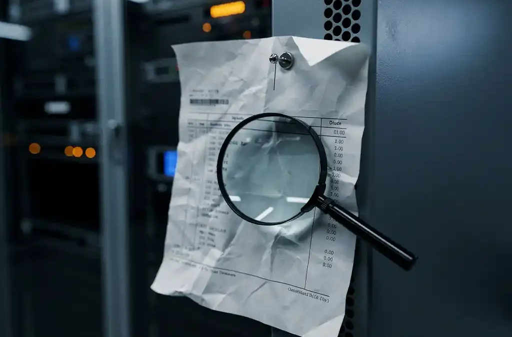 Verfrommelde papieren factuur naast serverrack in donkere IT-ruimte, met vergrootglas op vage kostenposten.