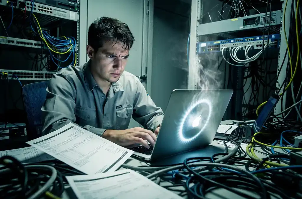 Gefrustreerde kantoormedewerker omringd door verwarde serverkabels, facturen en oververhitte laptop op rommelig bureau.