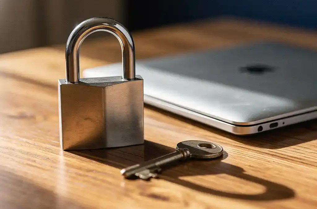 Gesloten hangslot met sleutel op houten bureau naast laptop, zachte middaglichtschaduwen, navy en eikentinten.