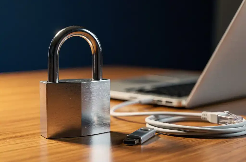 Zwaar hangslot op houten bureau naast laptop, ethernet-kabel en USB-stick, symboliseert digitale beveiliging voor het mkb.