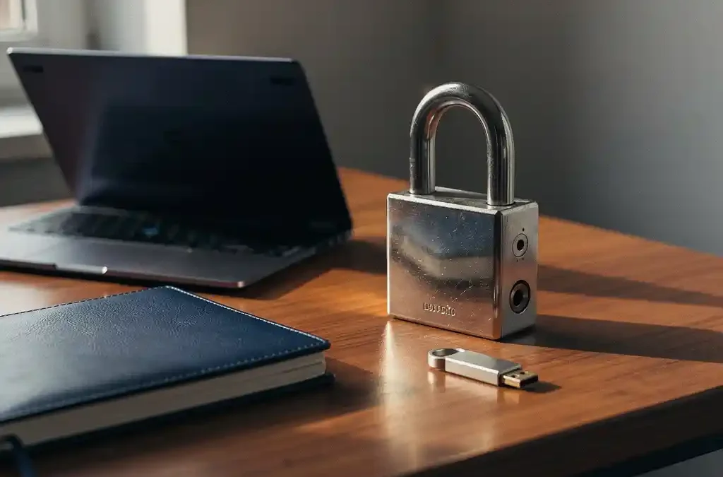 Zwaar hangslot op houten bureau naast laptop, USB-sleutel en leren notitieboek, symboliseert digitale beveiliging voor kleine bedrijven.