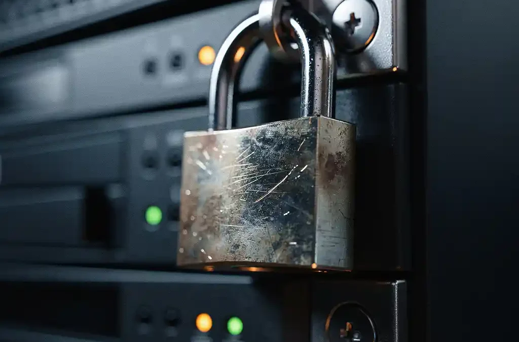 Verouderd stalen hangslot op een donker serverpaneel met oranje en groene indicatielampjes, dramatische zijverlichting.