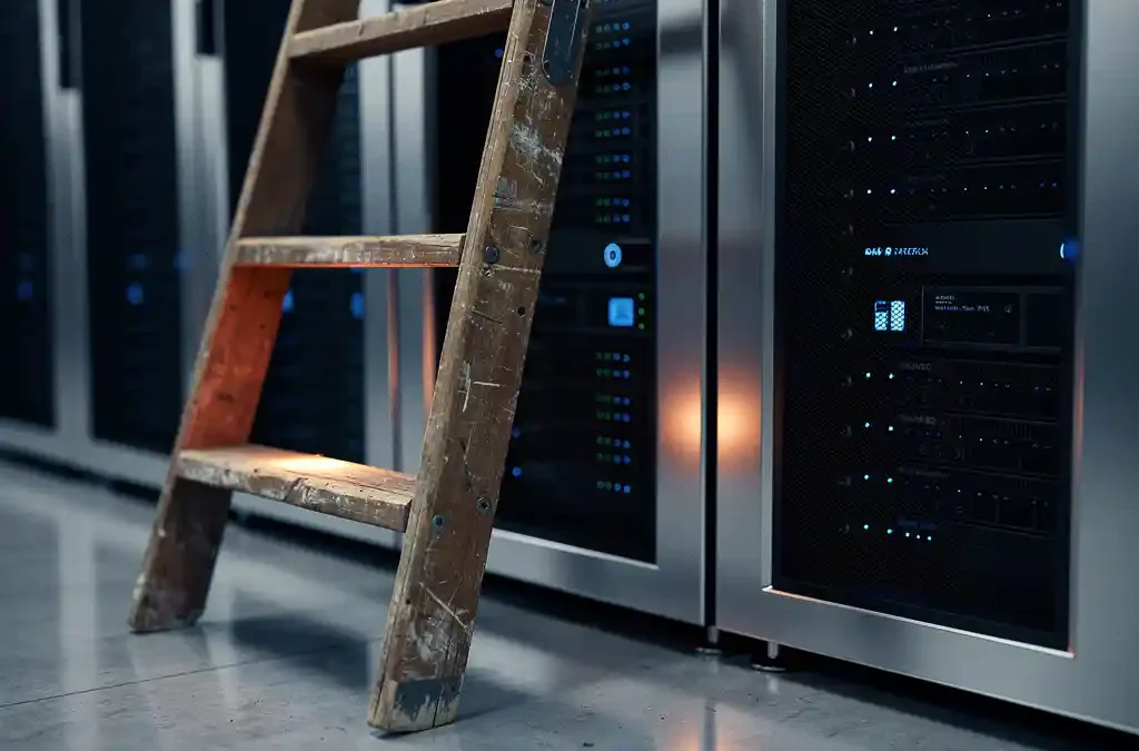 Versleten houten ladder tegen een modern serverrek in een datacenter met blauwe indicatorlampjes en betonnen vloer.
