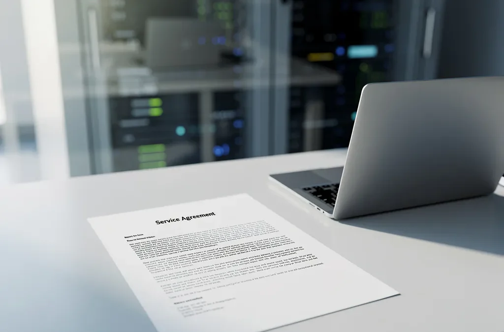 Gedrukt service level agreement document op een modern IT-werkblad met laptop en serverruimte op de achtergrond.