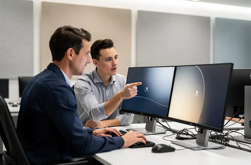 IT-specialist begeleidt nieuwe medewerker bij instellen van werkstation met twee monitoren in modern kantoor.