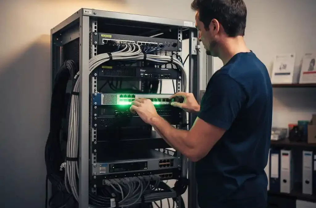 IT-technicus beheert kabelmanagement in serverrack van klein bedrijf, groene netwerkswitch zichtbaar op de achtergrond.