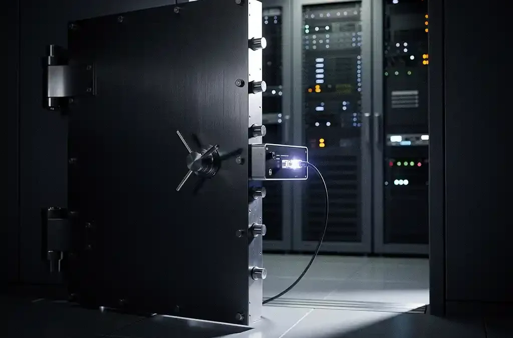 Zware stalen kluisdeur op een kier in een moderne serverruimte, met knipperende netwerkapparatuur en een loshangende ethernetkabel.