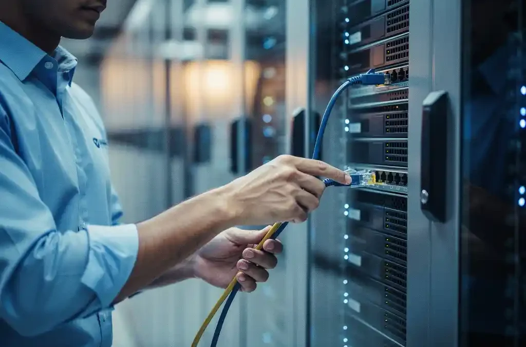 IT-technicus sluit netwerkkabel aan op serverrack in modern datacenter met blauwe en ambere verlichting.