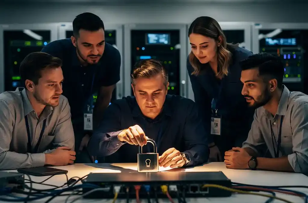 Diverse IT-medewerkers rond een bureau terwijl een collega een fysiek hangslot op een netwerkkabelkast bevestigt, serverracks op de achtergrond.