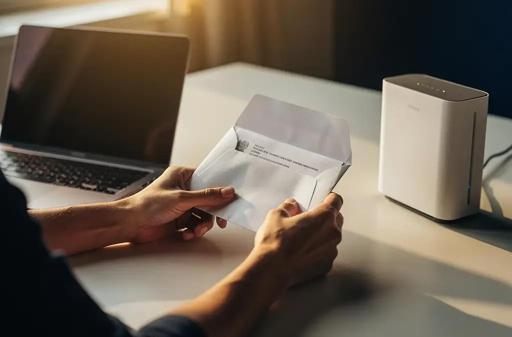 Ondernemer opent officieel overheidsdocument aan bureau met laptop en draadloze router, warm natuurlijk licht.