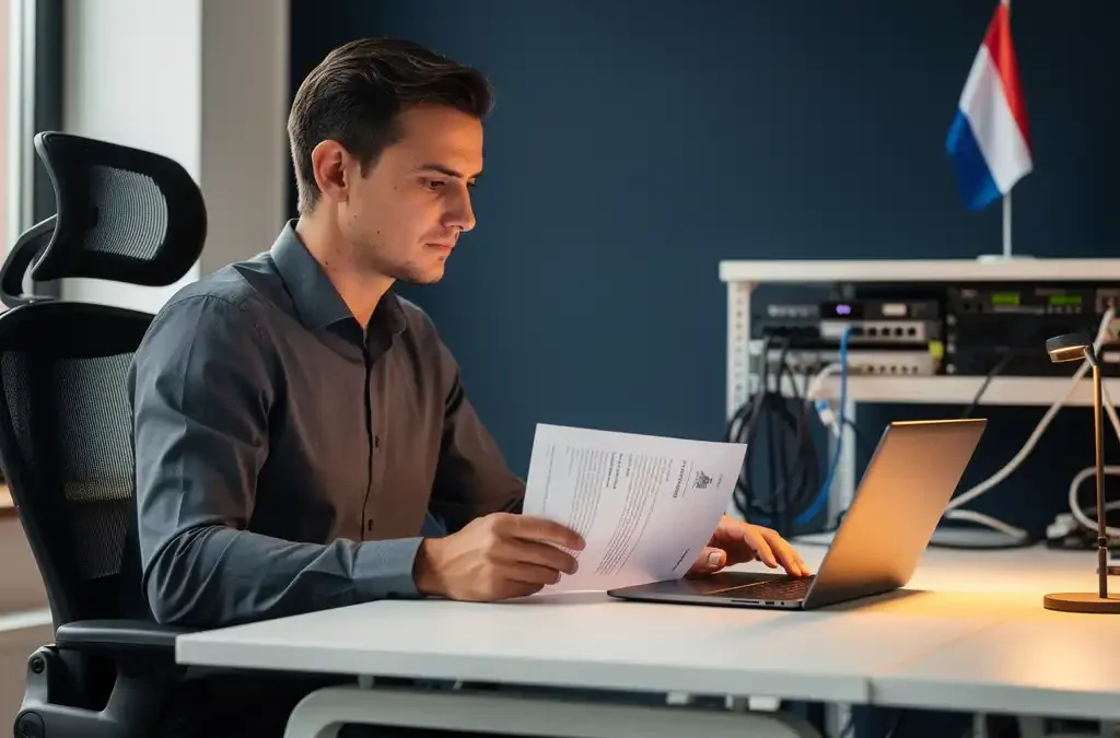 Professional bestudeert overheidsdocument aan ergonomisch bureau met laptop, Nederlandse vlag op achtergrond, modern kantoor.