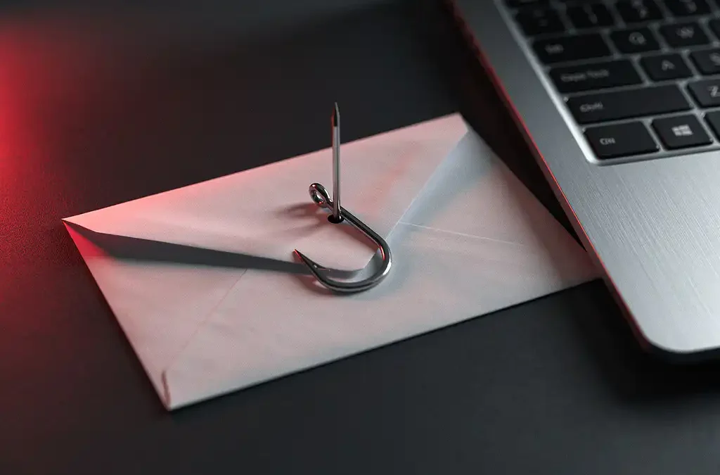 Envelop met een vishaak erin gestoken op een donker bureau naast een laptoptoetsenbord, met rood waarschuwingslicht als symbool voor phishing.