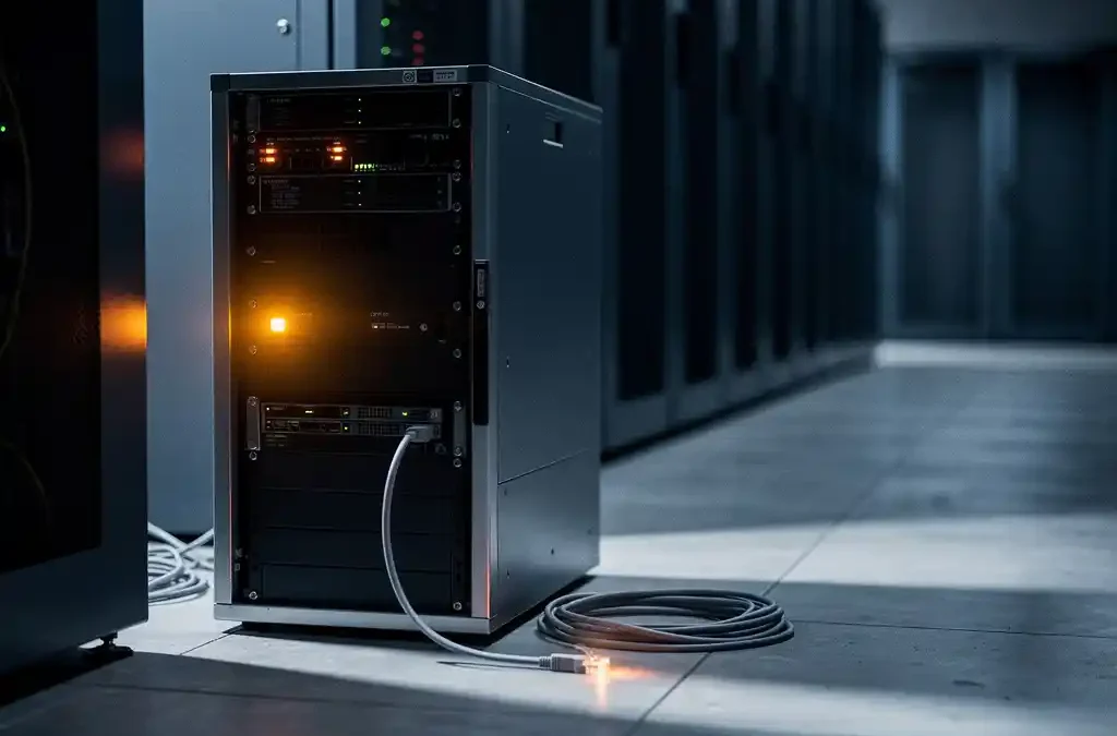 Serverrack met knipperende amberkleurige waarschuwingslichten in donkere datacentergang, loshangende ethernetkabel op de vloer.