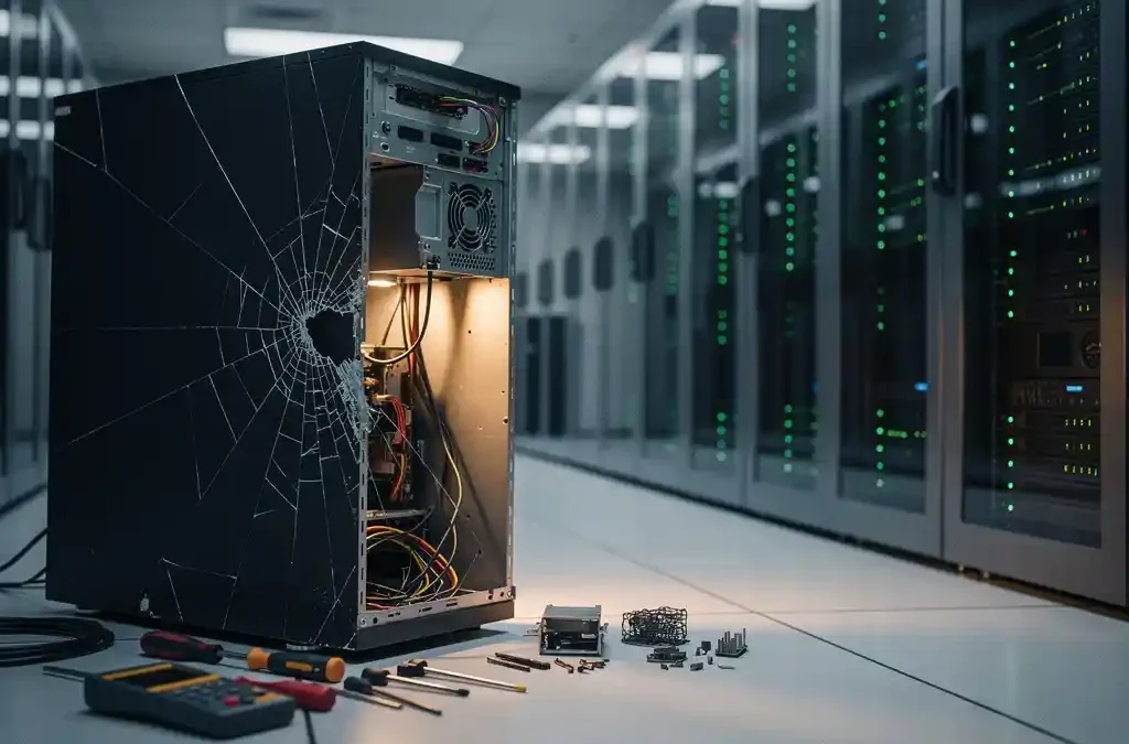 Beschadigde servertoren wordt gerepareerd met gereedschap op datacenterv­loer, naast rack met groene statuslampjes.