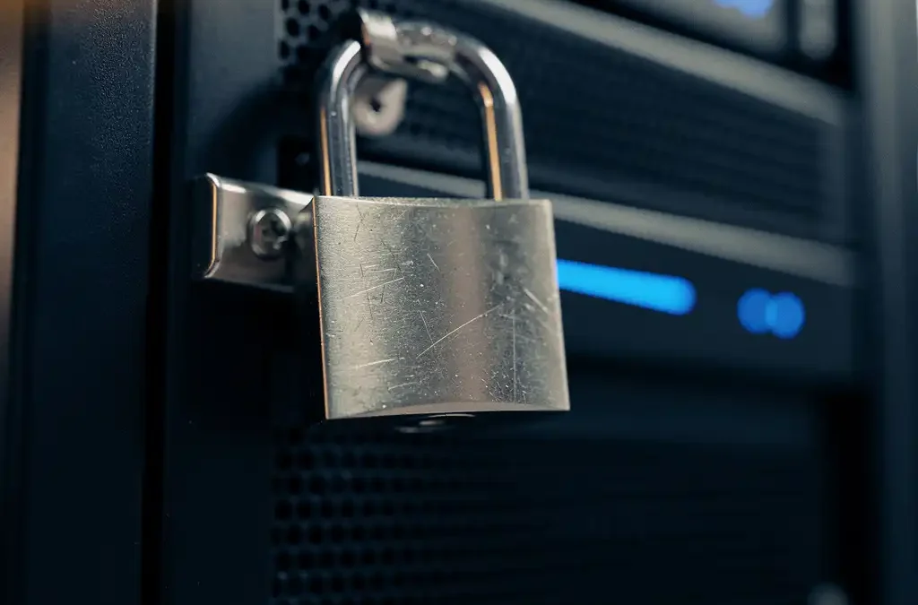 Stalen hangslot op donker serverpaneel met blauwe LED-indicatoren op de achtergrond, symbool voor databeveiliging.