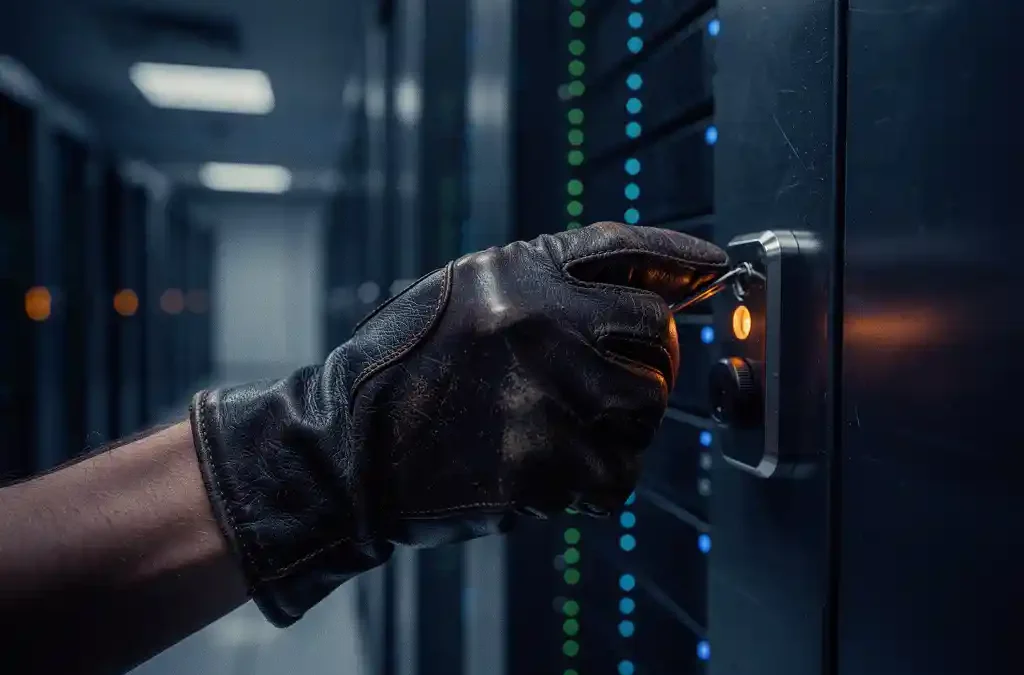 Gehandschoende hand die een serverrackdeur kraakt in donkere datacentergang met knipperende indicatielampjes en amberkleurig waarschuwingslicht.