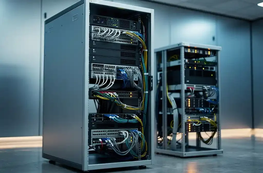 Server rack in moderne IT-ruimte met geordende kabels, terwijl een tweede rack wordt geïnstalleerd, blauwe en zilveren tinten met amberverlichting.