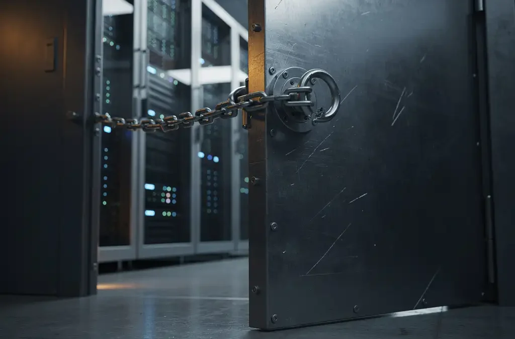 Stalen kluisdeur op een kier in serverruimte met knipperende racks, gebroken schakel in stalen ketting om de deurklink.