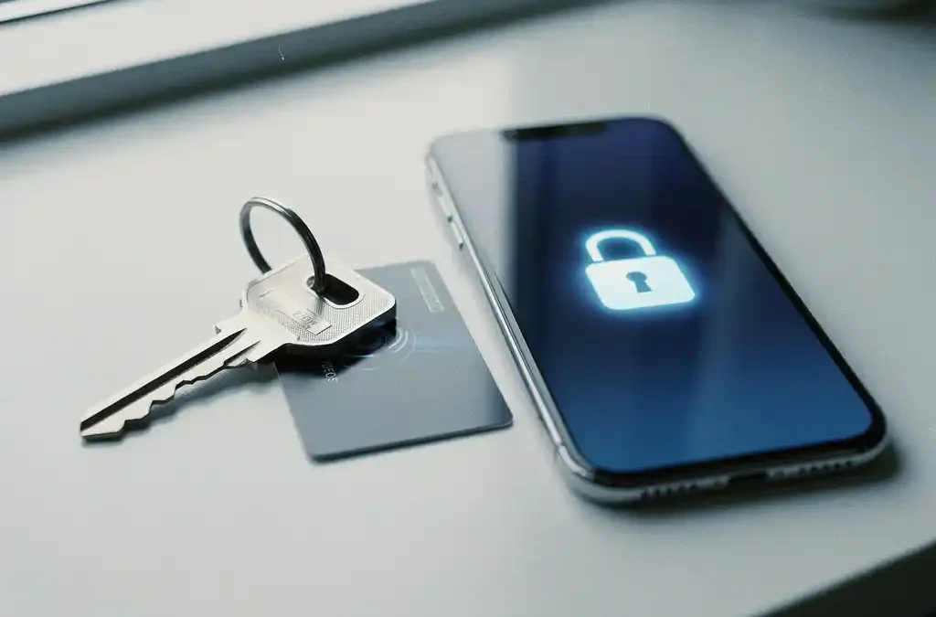 Fysieke sleutel naast smartphone met vergrendelicoon en toegangspas op bureau, symbolen van tweefactorauthenticatie.