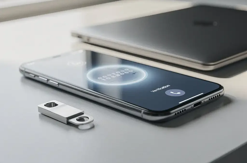 Smartphone met verificatiecode op kantaartafel naast fysieke beveiligingssleutel en laptop, tweefactorauthenticatie.