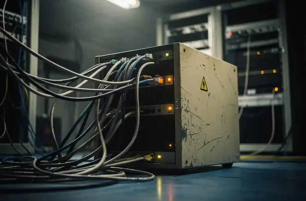 Verouderde servertoren met verstrengelde ethernetkabels in stoffige serverruimte, oranje waarschuwingslampjes gloeien in blauwgrijs halfduister.