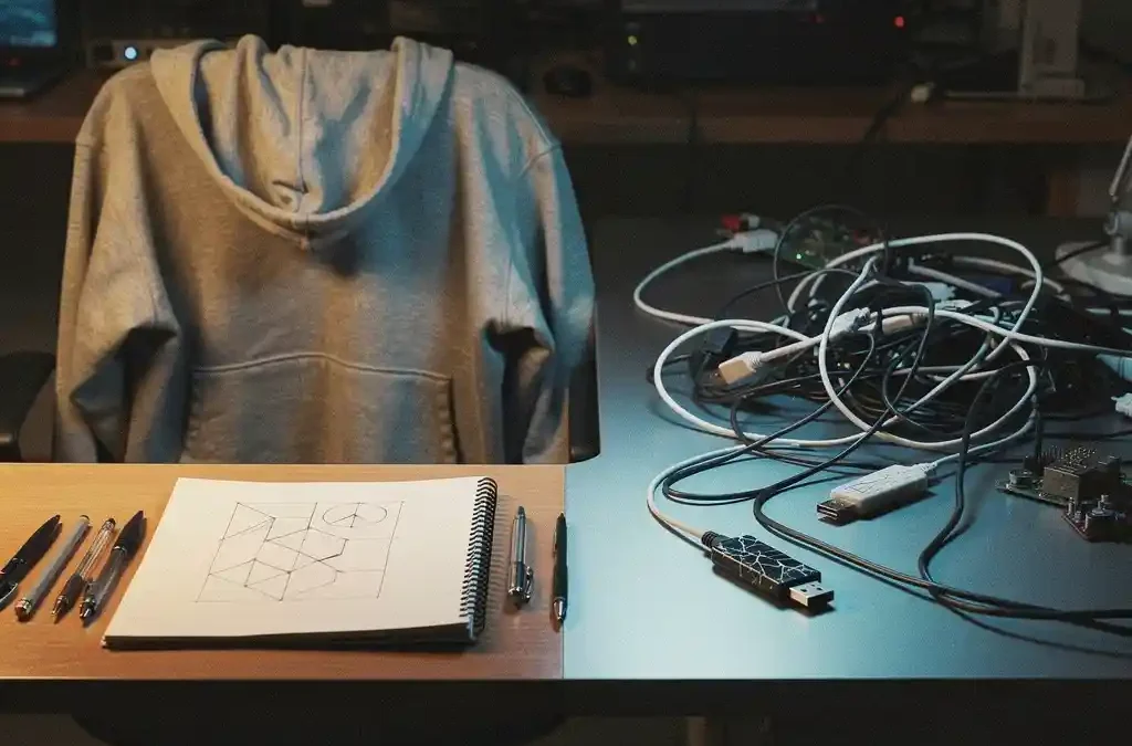 Versleten grijs hoodie over een IT-bureaustoelrugleuning, met aan één kant een notitieboek met technische diagrammen en aan de andere kant verstrengelde kabels en een gebarsten USB-stick.
