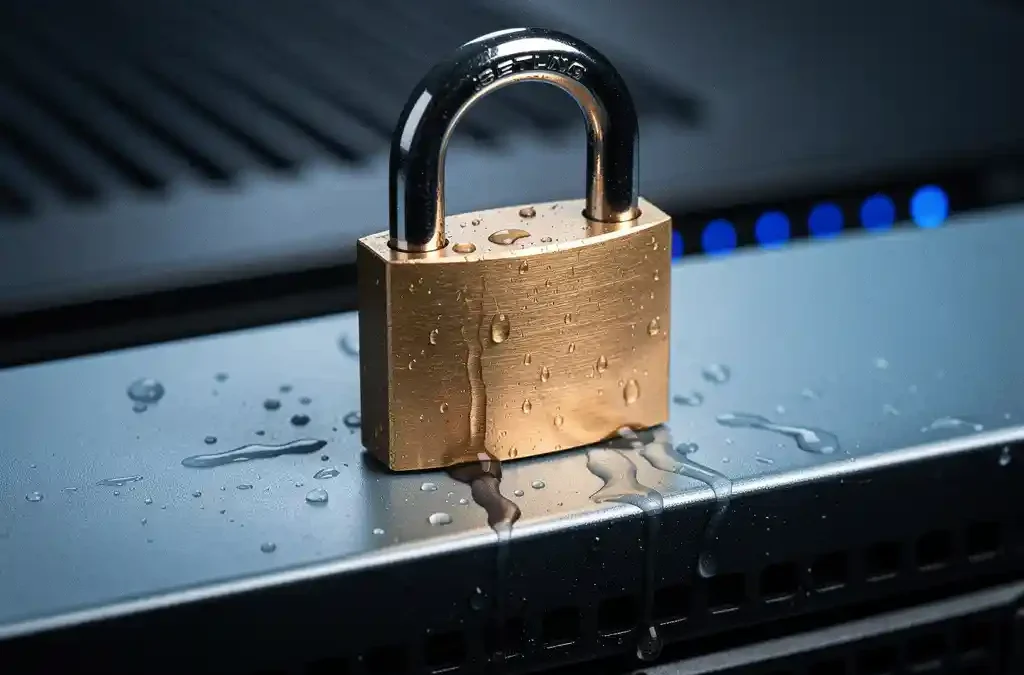 Vintage messing hangslot op modern serverrack-paneel, met blauwe indicatielampjes op de achtergrond en condensatie op het koude metaal.