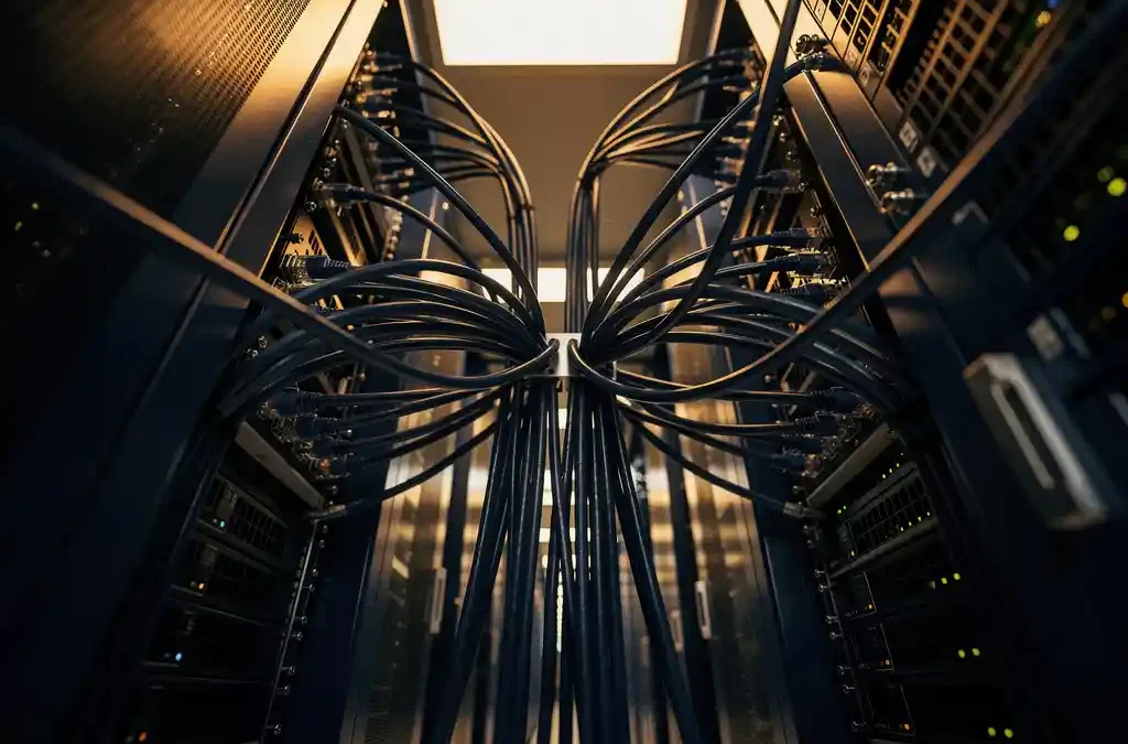 Ethernet-kabels en serverracks in een modern datacenter, verlicht met warm amber licht en diepe marineblauw tinten.