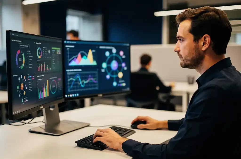 IT-professional analyseert netwerkdiagrammen en systeemstatussen op meerdere monitoren in modern kantoor.